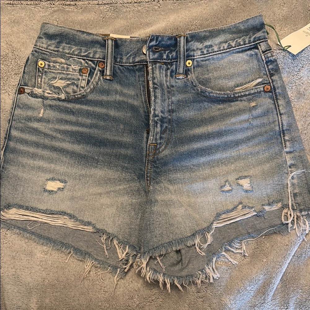 Blue Distressed Jean Shorts with Frayed Hem